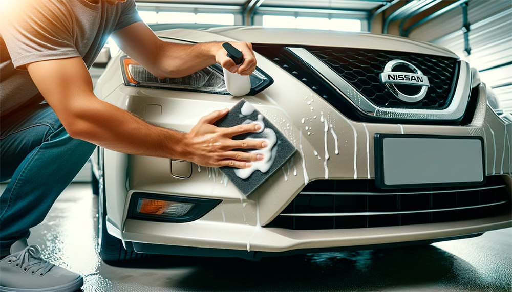 A-person-applying-high-quality-car-wax-on-a-Nissan-Sentra-using-a-foam-applicator-pad,-demonstrating-the-correct-method