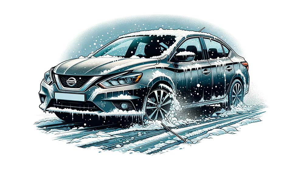 Illustration-of-a-Nissan-Sentra-during-winter,-showing-salt-and-slush-build-up-on-the-car's-body-and-undercarriage,-highlighting-the-need-for-regular