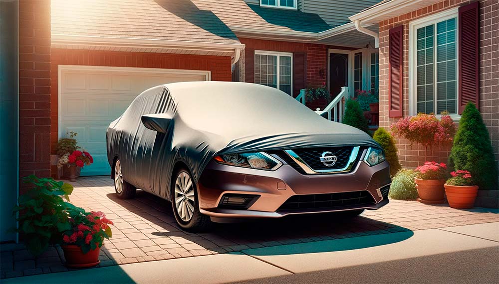 Nissan-Sentra-parked-outside-with-a-protective-car-cover,-illustrating-effective-protection-from-direct-sunlight