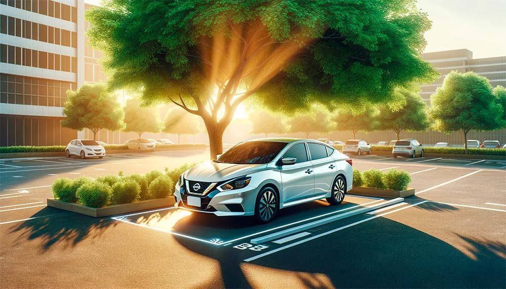 Visual-depiction-of-a-Nissan-Sentra-parked-in-a-shaded-area-to-protect-it-from-prolonged-sun-exposure,-with-the-surrounding-area-sunny-and-the-car-in